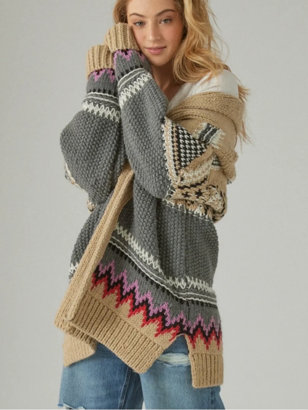 Lucky Brand Gray and Tan Patterned Knit Cardigan with Pink & Red Accents
